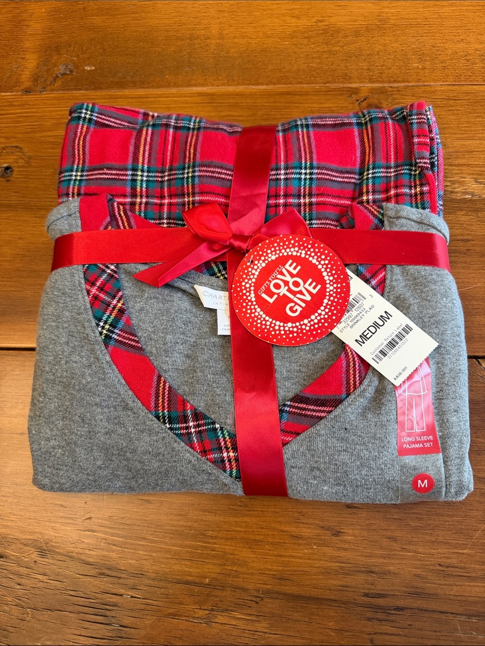 Charter Club Gray Pajama Set with Red Plaid Trim